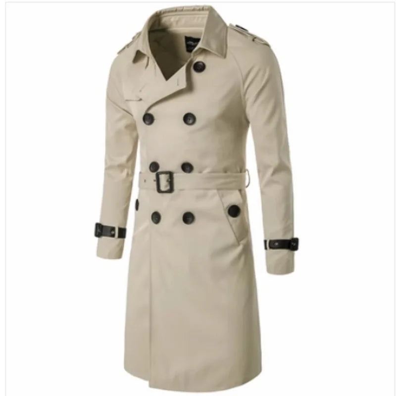 Herre Vår Høst Vindsperre Overfrakk Lang Trench Coats Med Belte Hanne Pea Coat Dobbel Breasted - Beige