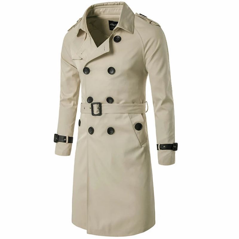 Herre Vår Høst Vindsperre Overfrakk Lang Trench Coats Med Belte Hanne Pea Coat Dobbel Breasted - Beige