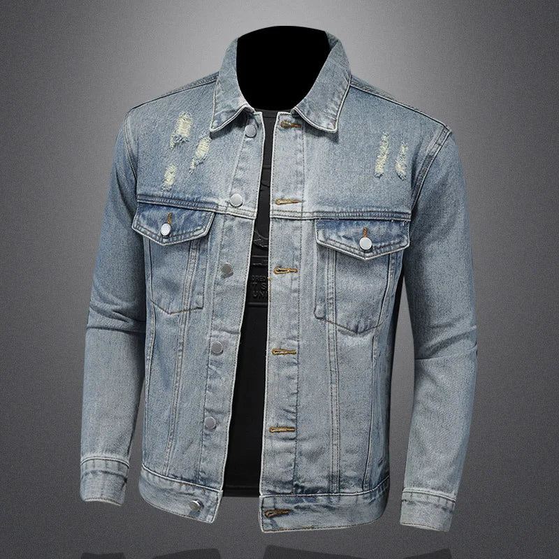 Kjekk Trend Alt Med Boutique Enkel Rippet Men's Denim Coat Menn Four Seasons - Vasket Blå