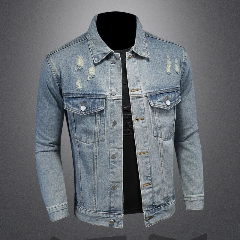 Kjekk Trend Alt Med Boutique Enkel Rippet Men's Denim Coat Menn Four Seasons - Vasket Blå