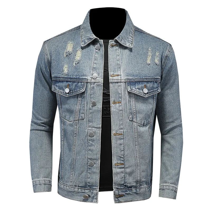 Kjekk Trend Alt Med Boutique Enkel Rippet Men's Denim Coat Menn Four Seasons - Vasket Blå