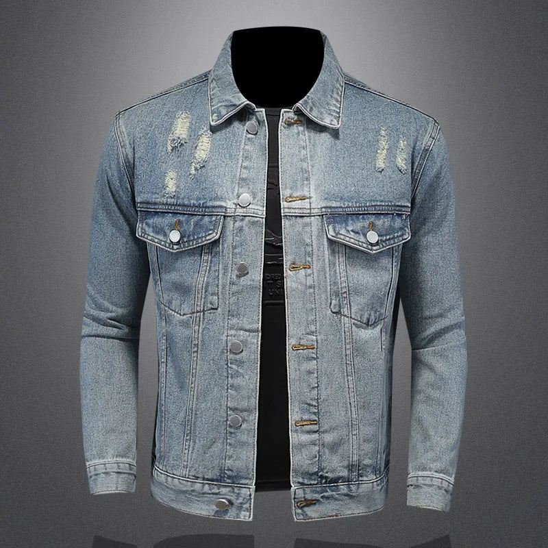 Kjekk Trend Alt Med Boutique Enkel Rippet Men's Denim Coat Menn Four Seasons - Vasket Blå