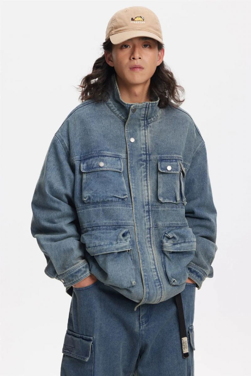 Menn Distressed Multi-pocket Stand Collar Denim Jacket Youth Loose Casual