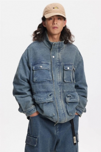 Menn Distressed Multi-pocket Stand Collar Denim Jacket Youth Loose Casual