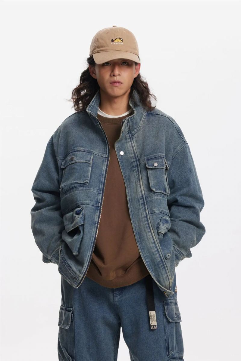 Menn Distressed Multi-pocket Stand Collar Denim Jacket Youth Loose Casual - Blå