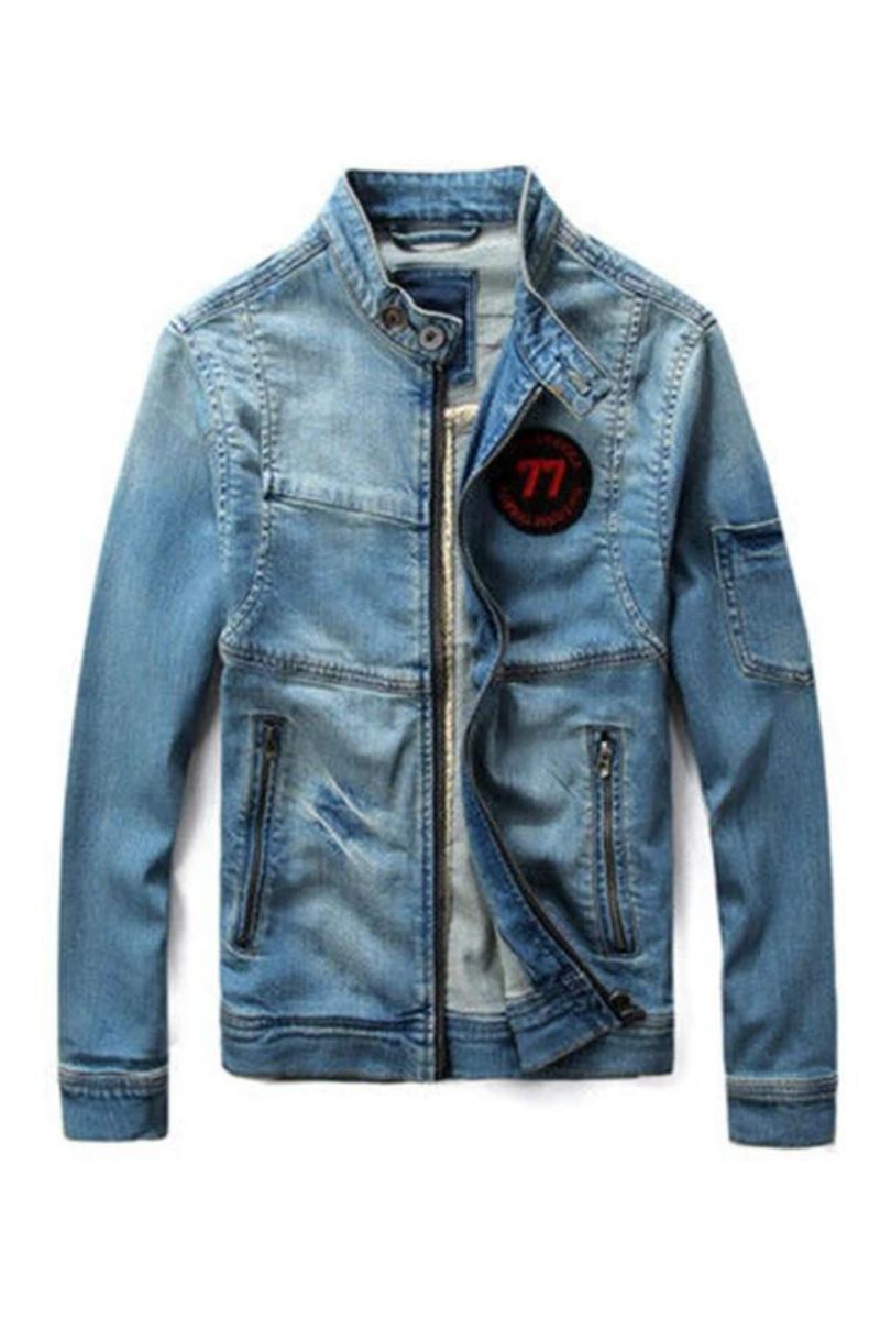 Menn Jean Jacket Motorsykkel Vintage Stand Collar Denim