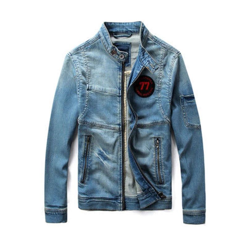 Menn Jean Jacket Motorsykkel Vintage Stand Collar Denim - Blå