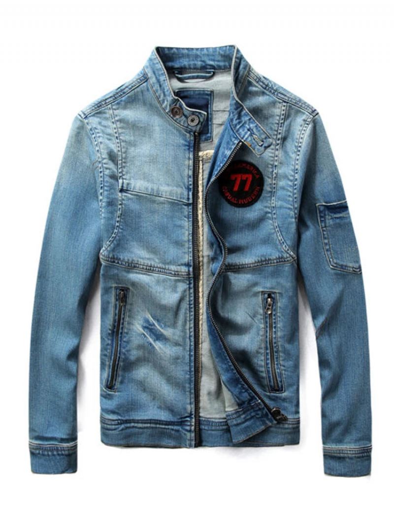 Menn Jean Jacket Motorsykkel Vintage Stand Collar Denim - Blå