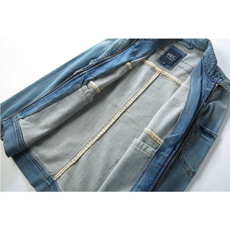 Menn Jean Jacket Motorsykkel Vintage Stand Collar Denim - Blå