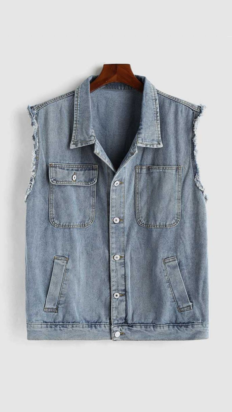 Menn Verktøy Jean Vest Streetwear Ermeløs Cargo Solid Turn-down Krage Jakke Gilet Dongerivest Med Lommer