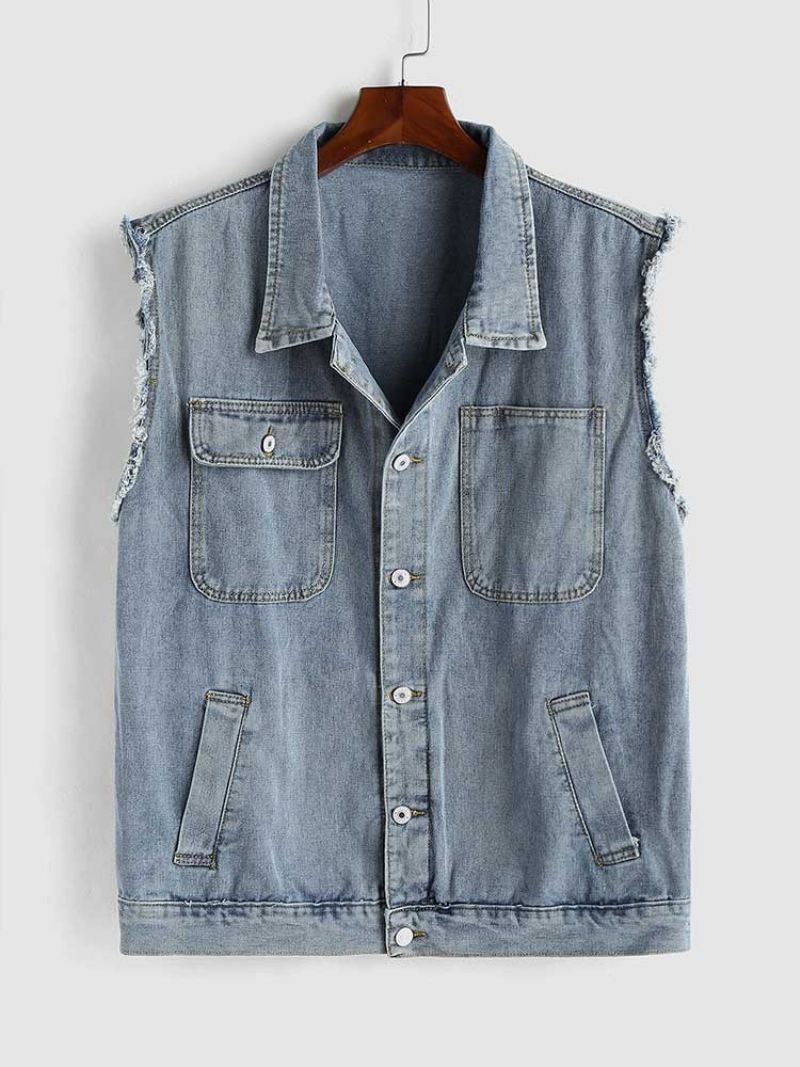 Menn Verktøy Jean Vest Streetwear Ermeløs Cargo Solid Turn-down Krage Jakke Gilet Dongerivest Med Lommer - Blå