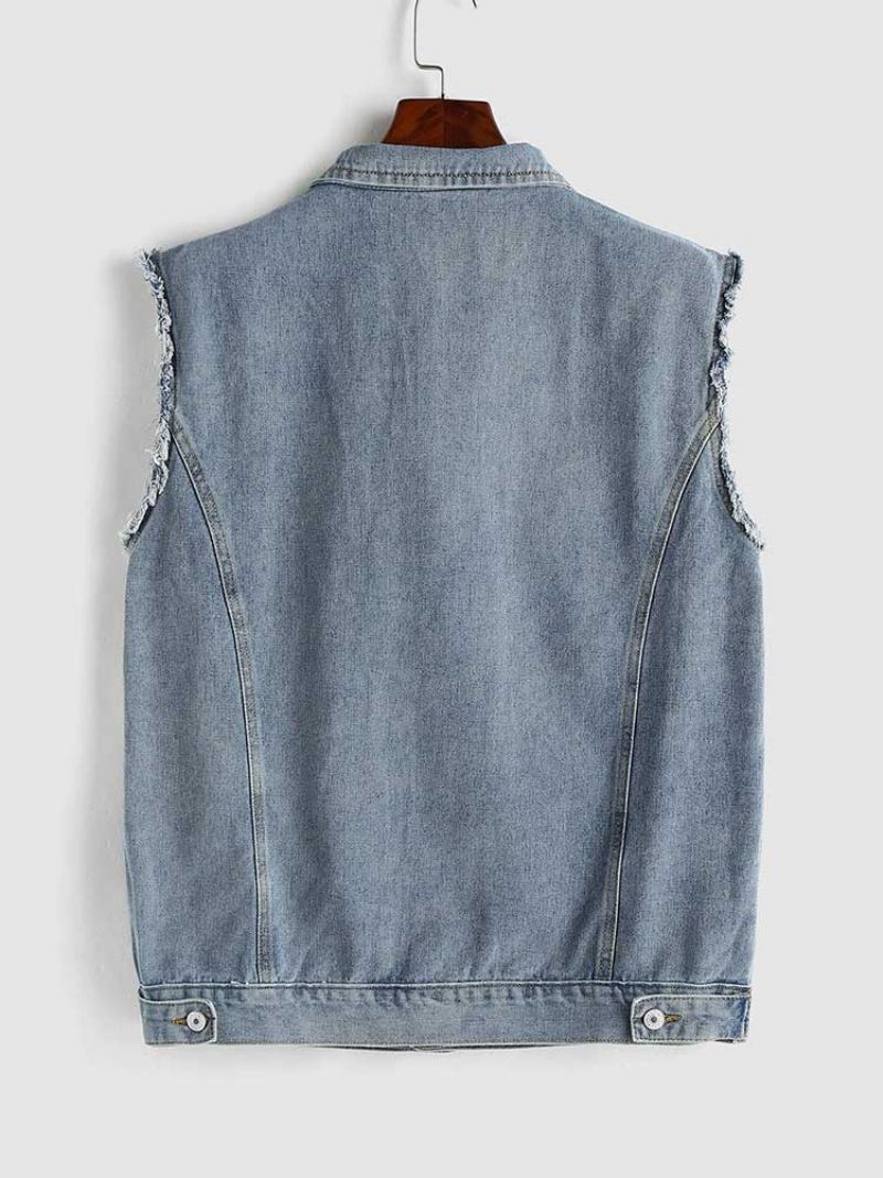 Menn Verktøy Jean Vest Streetwear Ermeløs Cargo Solid Turn-down Krage Jakke Gilet Dongerivest Med Lommer - Blå