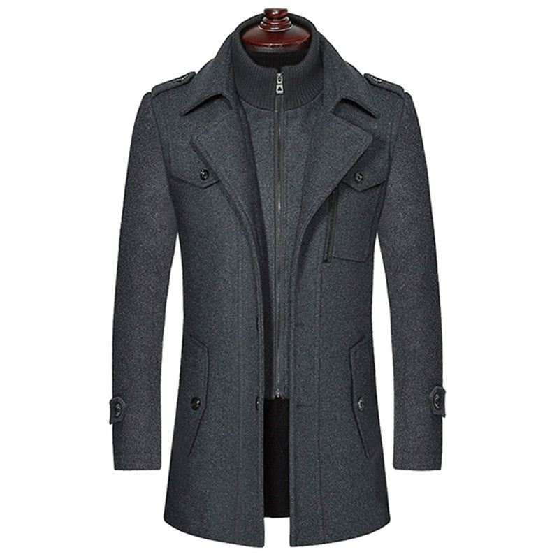 Menn Vinter Varme Ullfrakker Tykke Uformelle Jakker Slim Fit Langseksjon Windbreaker Trench Pea Coat - Svart