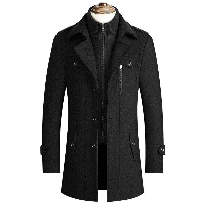 Menn Vinter Varme Ullfrakker Tykke Uformelle Jakker Slim Fit Langseksjon Windbreaker Trench Pea Coat - Svart