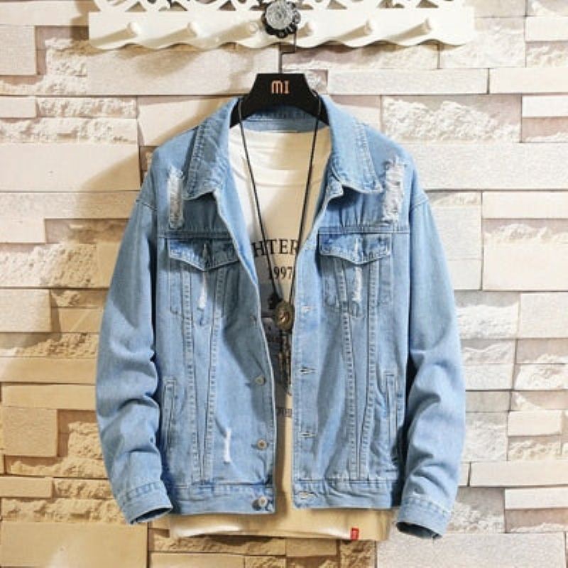 Menns Dongerijakker Herre Trendy Ripped Denim Bomber Coats Menn Yttertøy Windbreaker Cowboy Jean Jakker Klær - Denim Blå