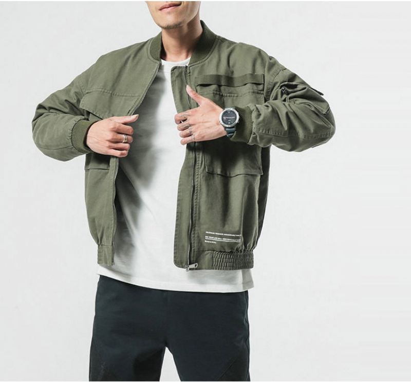 Ny Høst Menn Fritidsjakke Frakk Herre Vasket Solid Bomull Klær Army Grønne Bombefly Jakker Cargo Streetwear - Army Green