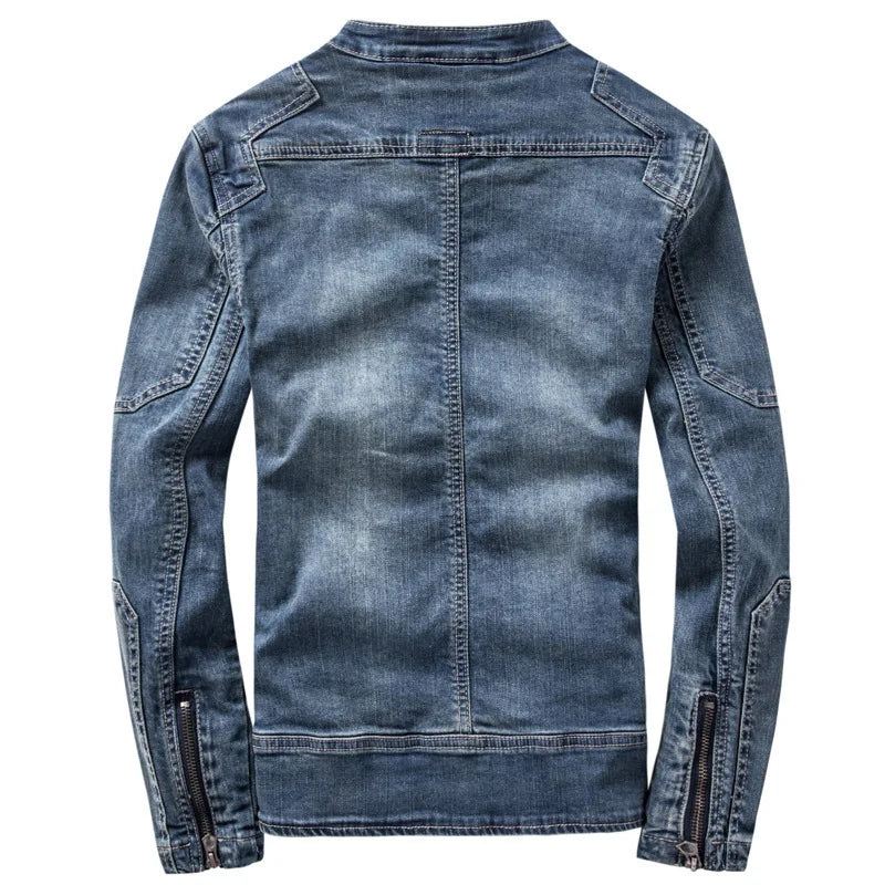 Retro Kjekke Menn Europa Og Usa Boutique Slim Jeans Jakke Stående Krage Denimjakke - Blå