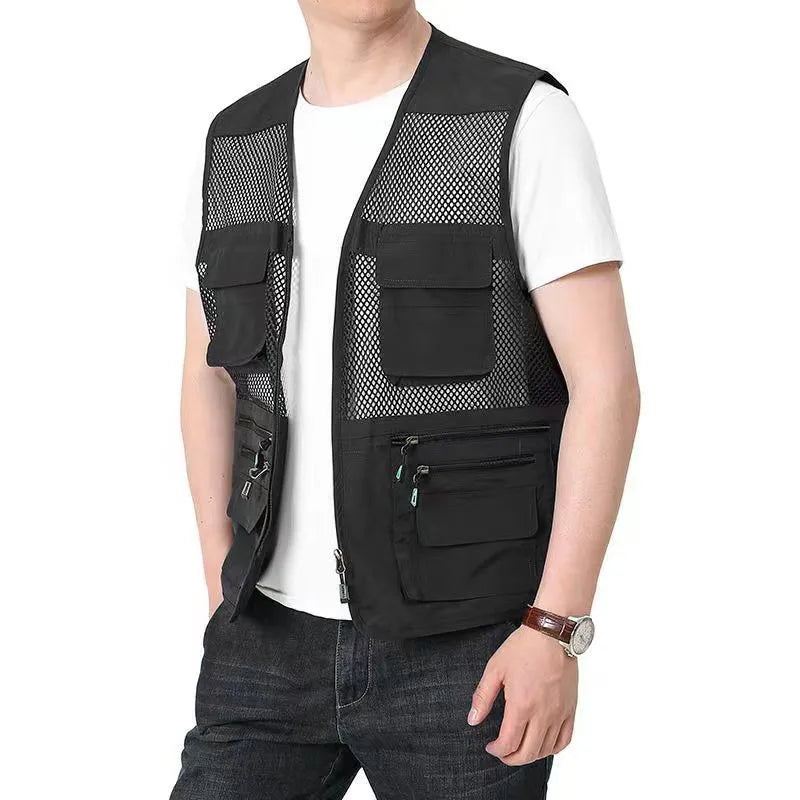 Sommer Tynn Mesh Vest Outdoor Jakker Ermeløs Casual Tactical Work Wear Campingvester - Svart