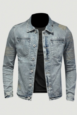 Spring Jeans Jakke Menn Denim Coat Lapel Langermet Bomber Motorsykkel Retro Broderi Slank Streetwear Outwear Klær