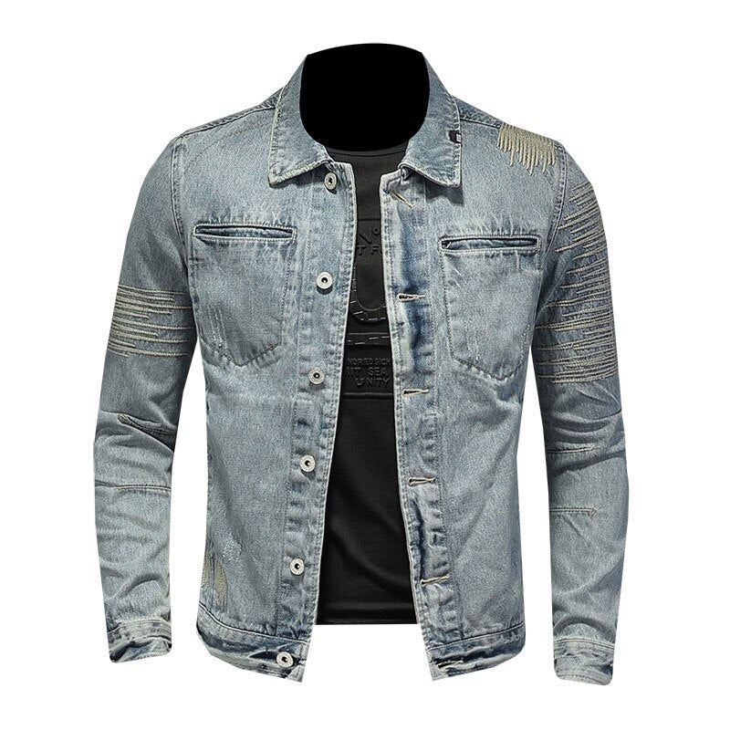 Spring Jeans Jakke Menn Denim Coat Lapel Langermet Bomber Motorsykkel Retro Broderi Slank Streetwear Outwear Klær - Himmelblå