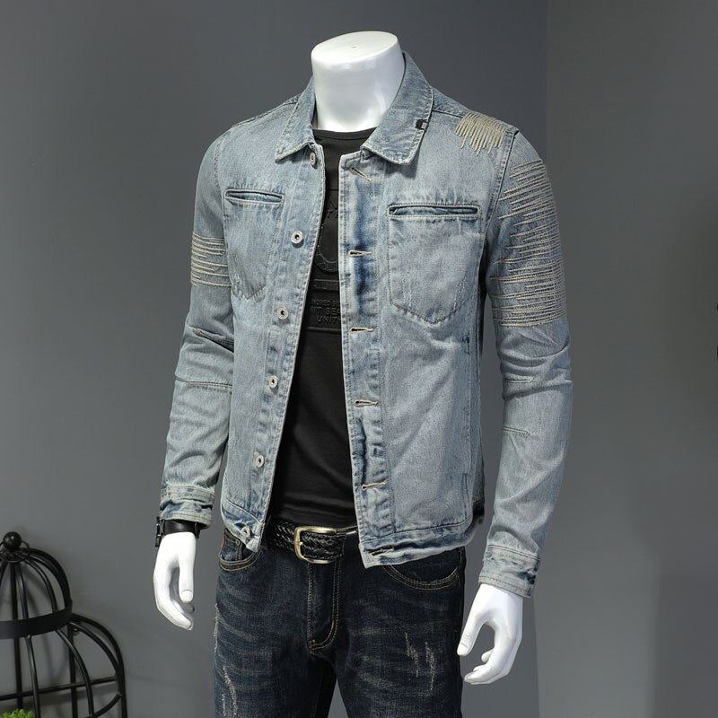 Spring Jeans Jakke Menn Denim Coat Lapel Langermet Bomber Motorsykkel Retro Broderi Slank Streetwear Outwear Klær - Himmelblå