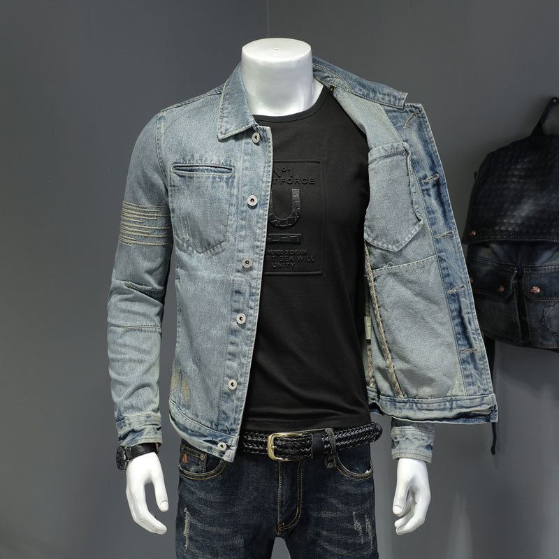 Spring Jeans Jakke Menn Denim Coat Lapel Langermet Bomber Motorsykkel Retro Broderi Slank Streetwear Outwear Klær - Himmelblå