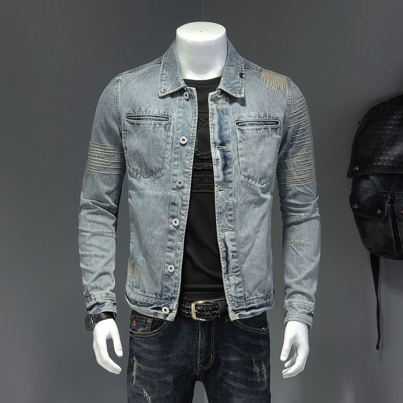 Spring Jeans Jakke Menn Denim Coat Lapel Langermet Bomber Motorsykkel Retro Broderi Slank Streetwear Outwear Klær - Himmelblå