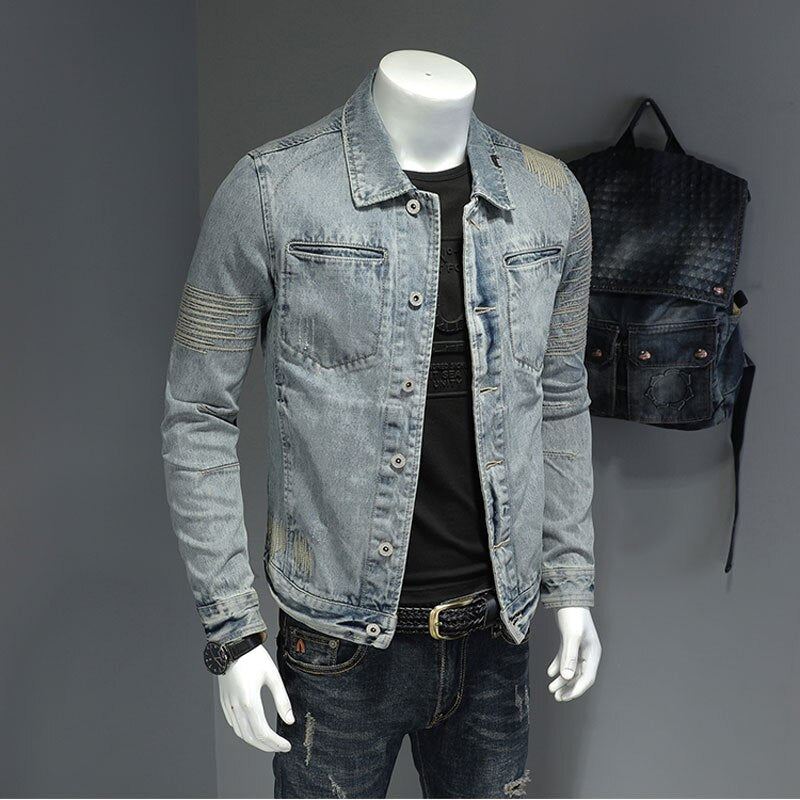 Spring Jeans Jakke Menn Denim Coat Lapel Langermet Bomber Motorsykkel Retro Broderi Slank Streetwear Outwear Klær - Himmelblå