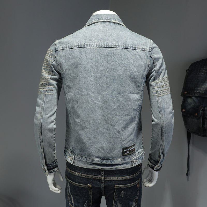 Spring Jeans Jakke Menn Denim Coat Lapel Langermet Bomber Motorsykkel Retro Broderi Slank Streetwear Outwear Klær - Himmelblå