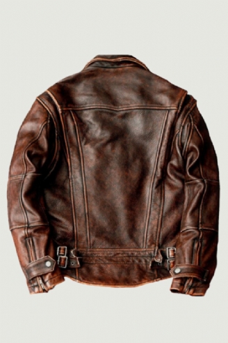 Stil Jakke I Ekte Skinn Vintage Brun Okseskinn Biker For Menn