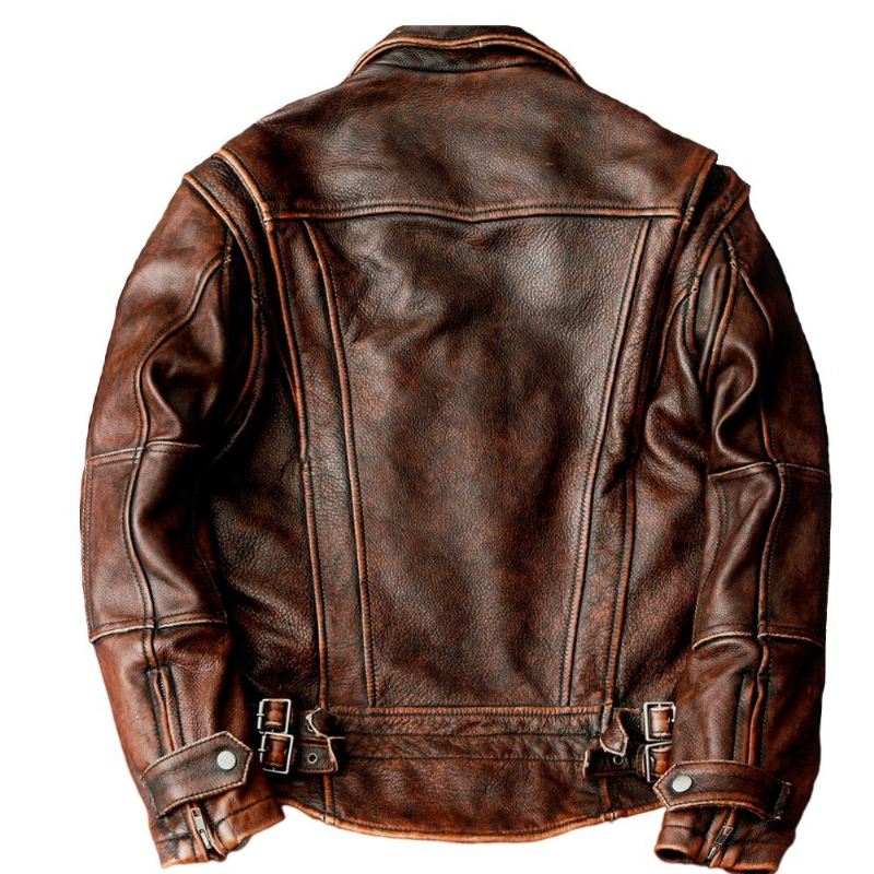 Stil Jakke I Ekte Skinn Vintage Brun Okseskinn Biker For Menn - Brun