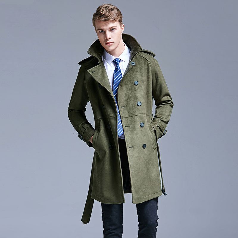 Trench Menn Dobbel Breasted Slim Coat Ensfarget Lang Windbreaker Jacket - Mørk Brun