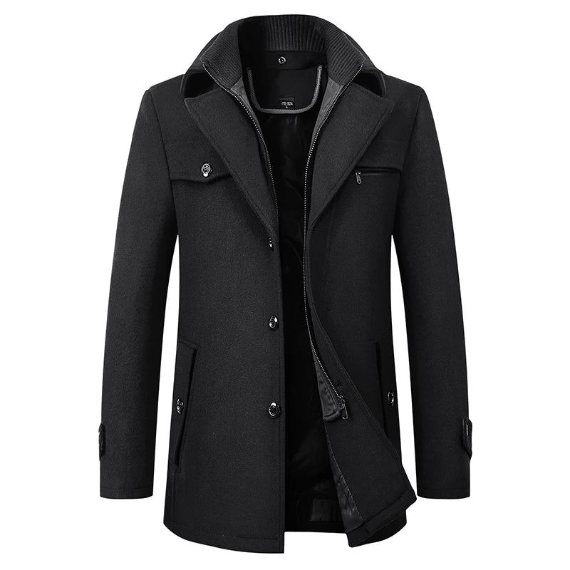 Vinter Vindjakke I Ull For Menn Solid Trench Slim Fit Business Uformell Ulljakkeblandinger - Svart