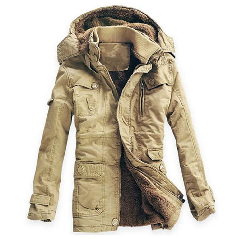 Vinterjakke Herre Casual Tykk Fløyel Varme Jakker Parkas Bomull Windbreaker Army Hettejakke Lang Trenchcoat - Khaki