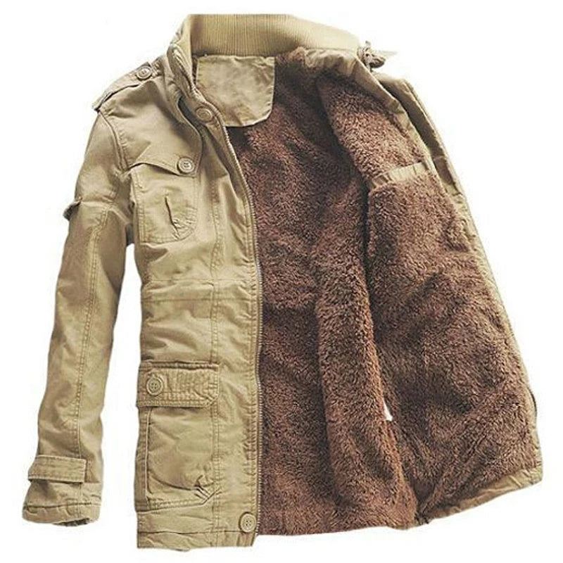 Vinterjakke Herre Casual Tykk Fløyel Varme Jakker Parkas Bomull Windbreaker Army Hettejakke Lang Trenchcoat - Khaki