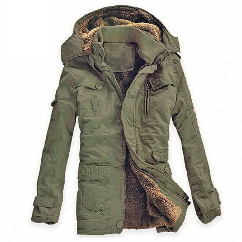 Vinterjakke Herre Casual Tykk Fløyel Varme Jakker Parkas Bomull Windbreaker Army Hettejakke Lang Trenchcoat - Khaki