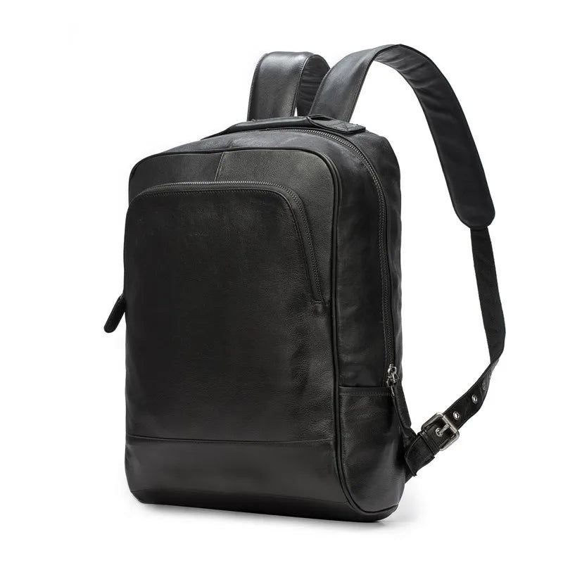 Genuine Leather Backpack Herre Skinn Ekte Skulderveske Ryggsekk - Svart