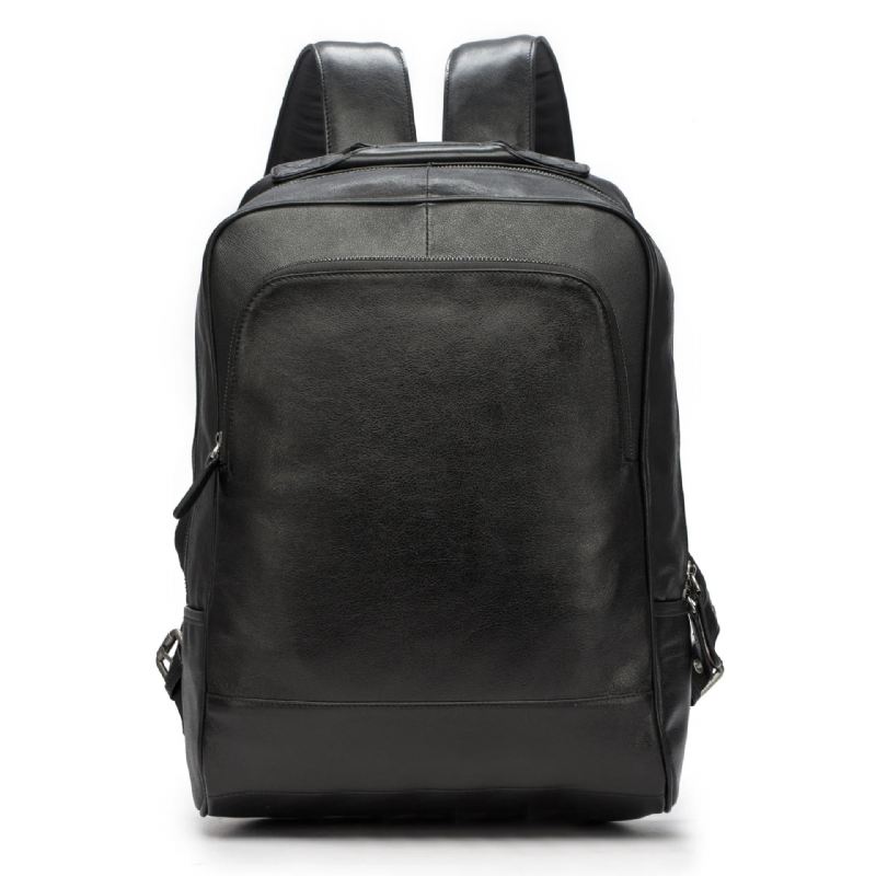 Genuine Leather Backpack Herre Skinn Ekte Skulderveske Ryggsekk - Svart