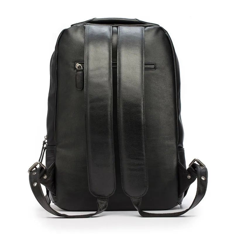 Genuine Leather Backpack Herre Skinn Ekte Skulderveske Ryggsekk - Svart