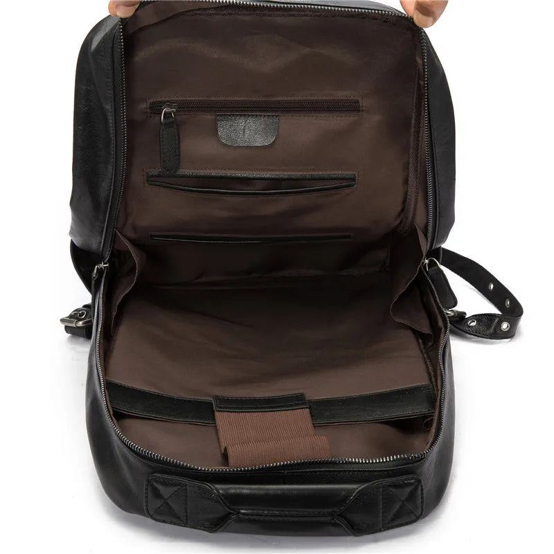 Genuine Leather Backpack Herre Skinn Ekte Skulderveske Ryggsekk - Svart