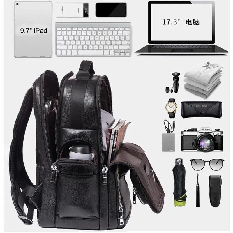 Myk Ryggsekk I Ekte Skinn Fit Laptop Daypack Reiseryggsekk For Menn - Svart