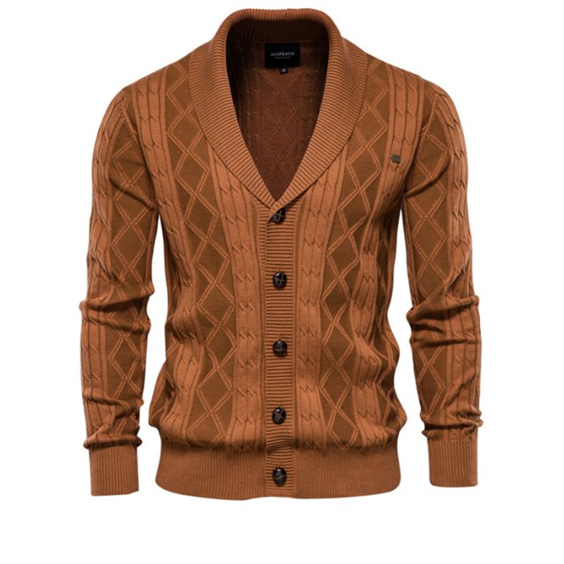 Bomull Argyle Cardigan Menn Casual Single Breasted Solid Business Vintergenser Mann - Svart