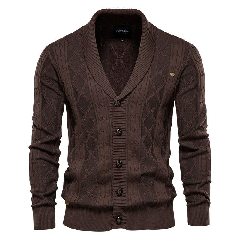 Bomull Argyle Cardigan Menn Casual Single Breasted Solid Business Vintergenser Mann - Svart