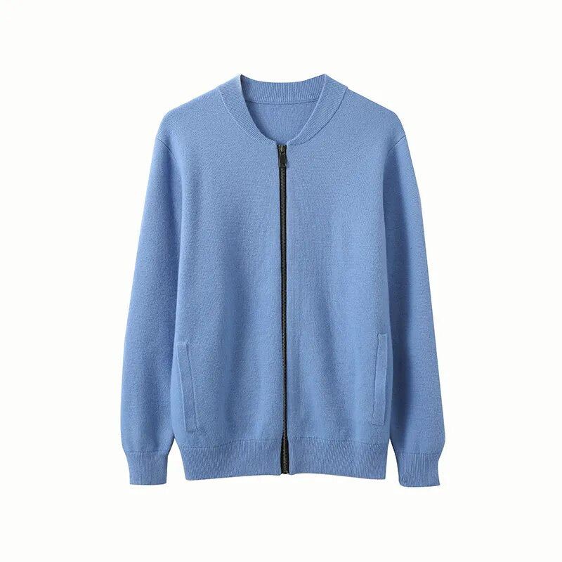 Cashmere Jakke Herre Cardigan Med Glidelås High-end Bunnskjorte Ung Middelaldrende Strikket Kåpe Høst Tykk Genser - Himmelblå