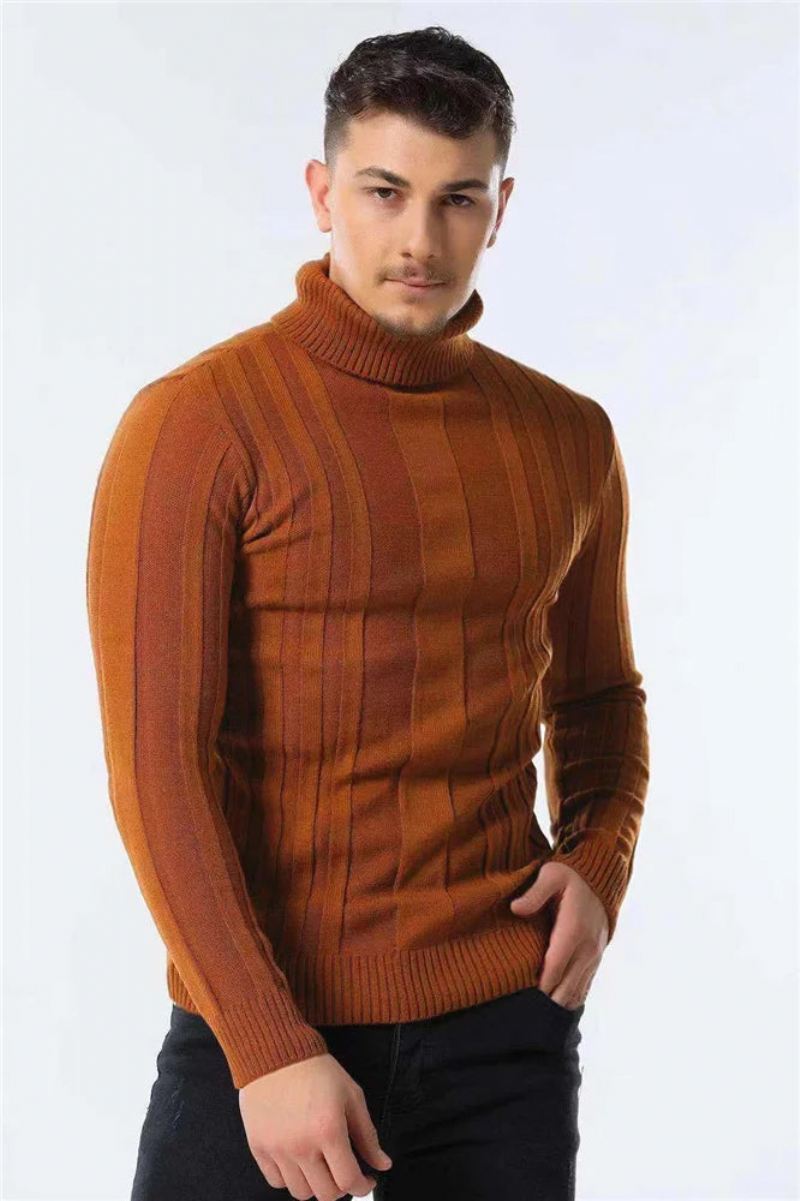 Gensere Turtleneck Menn Casual Basic Solid Varm Stripete Genser Vinter Hanne - Brun