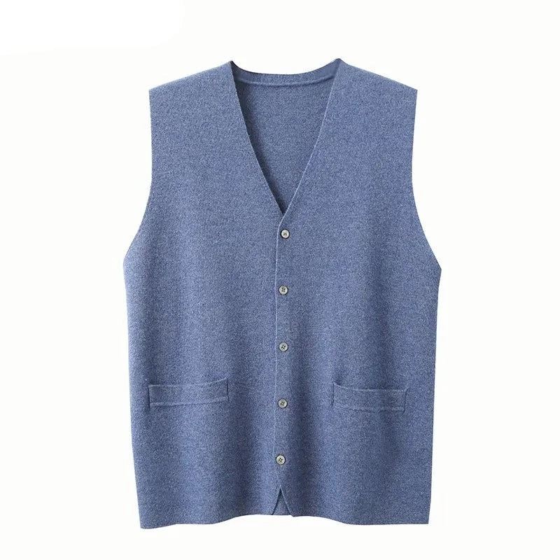 Herre Pure Cashmere Cardigan Vest Høst Vinter V-hals Ung Strikket Topp High-end Jakke Uformell Ermeløs Genser - Blå