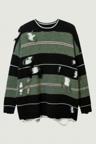 Høst Streetwear Hollow Out Stripe Hullstrikket Genser Pullover Oversize Løsstrikket Topp