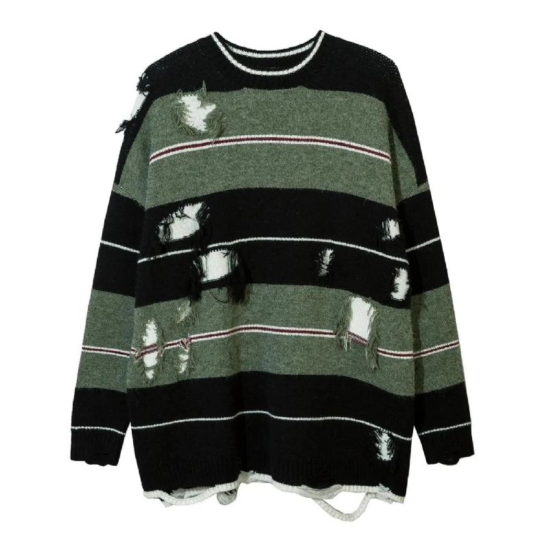 Høst Streetwear Hollow Out Stripe Hullstrikket Genser Pullover Oversize Løsstrikket Topp - Matchagreen