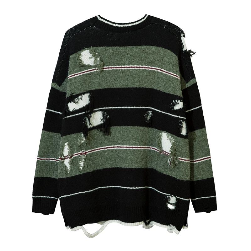 Høst Streetwear Hollow Out Stripe Hullstrikket Genser Pullover Oversize Løsstrikket Topp - Matchagreen