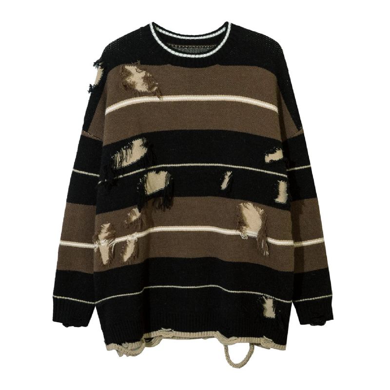 Høst Streetwear Hollow Out Stripe Hullstrikket Genser Pullover Oversize Løsstrikket Topp - Matchagreen